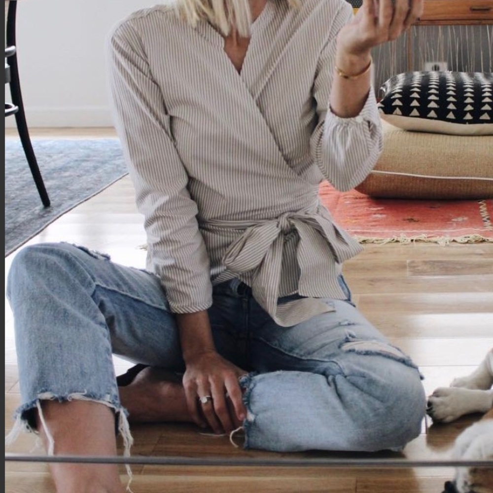 Jcrew Pinstripe Wrap Tie Waist Blouse